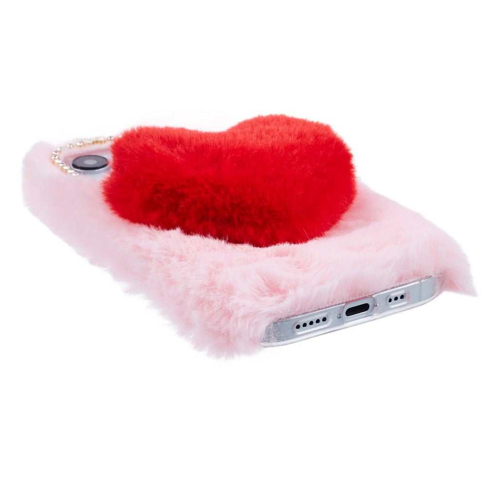 iPhone 15 Flexible Plastic Back Cover w. Fur - Heart - Red / Pink