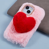 iPhone 15 Flexible Plastic Back Cover w. Fur - Heart - Red / Pink