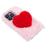 iPhone 15 Pro Flexible Plastic Back Cover w. Fur - Heart - Red / Pink