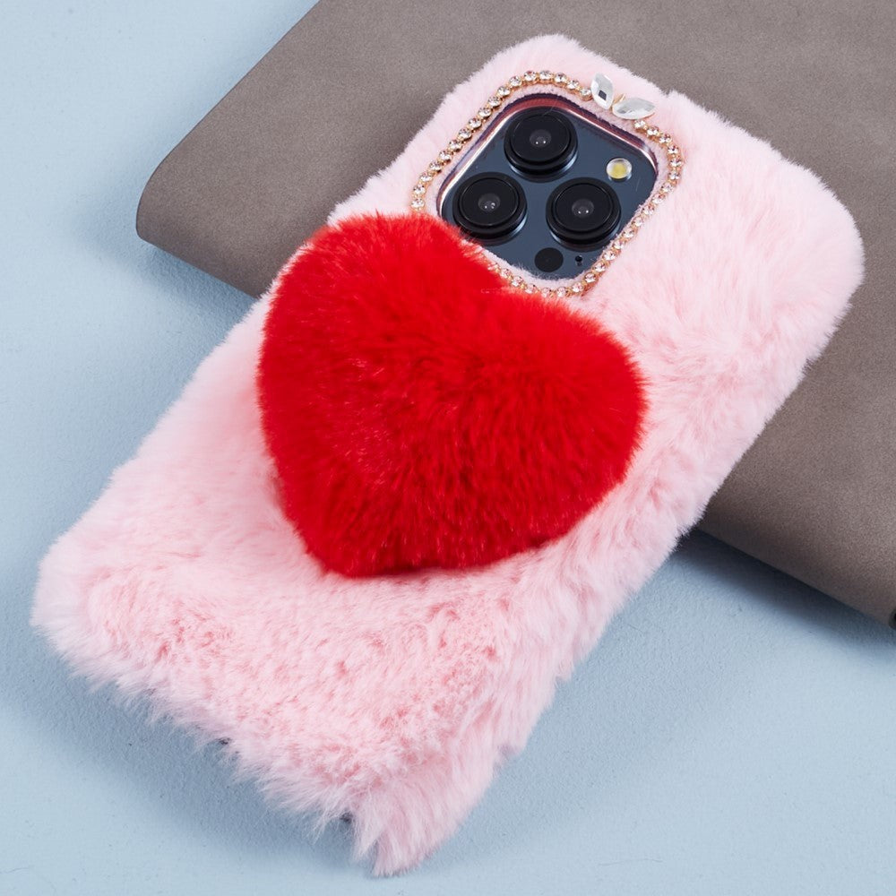 iPhone 15 Pro Flexible Plastic Back Cover w. Fur - Heart - Red / Pink