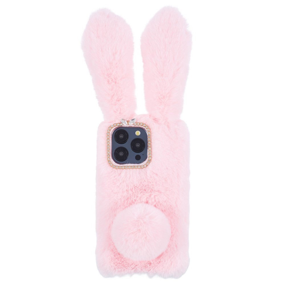 iPhone 15 Pro Flexible Plastic Back Cover w. Fur - Bunny Ears - Pink