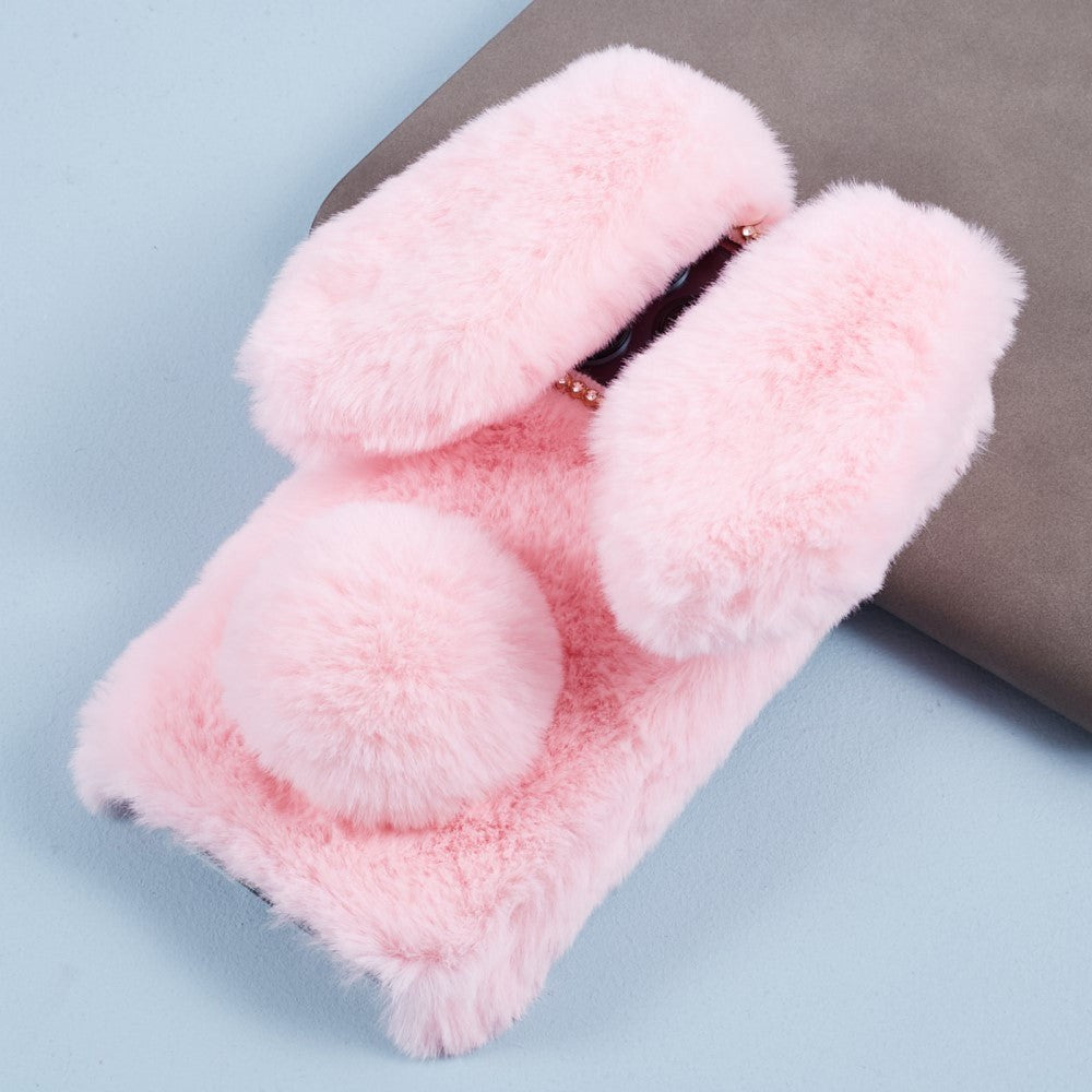 iPhone 15 Pro Flexible Plastic Back Cover w. Fur - Bunny Ears - Pink