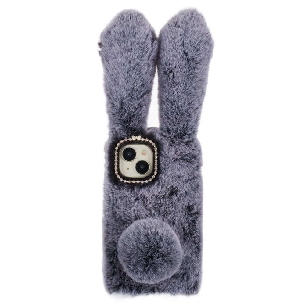 iPhone 15 Flexible Plastic Back Cover w. Fur - Bunny Ears - Grey