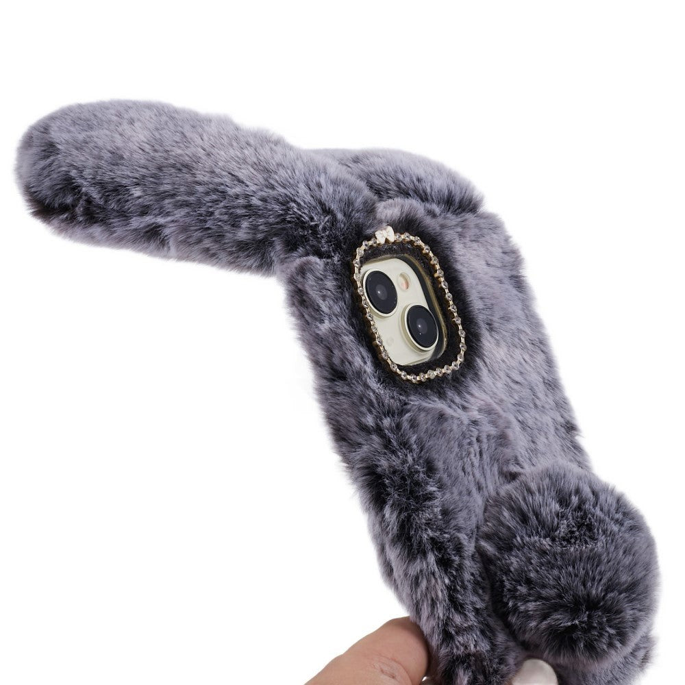 iPhone 15 Flexible Plastic Back Cover w. Fur - Bunny Ears - Grey