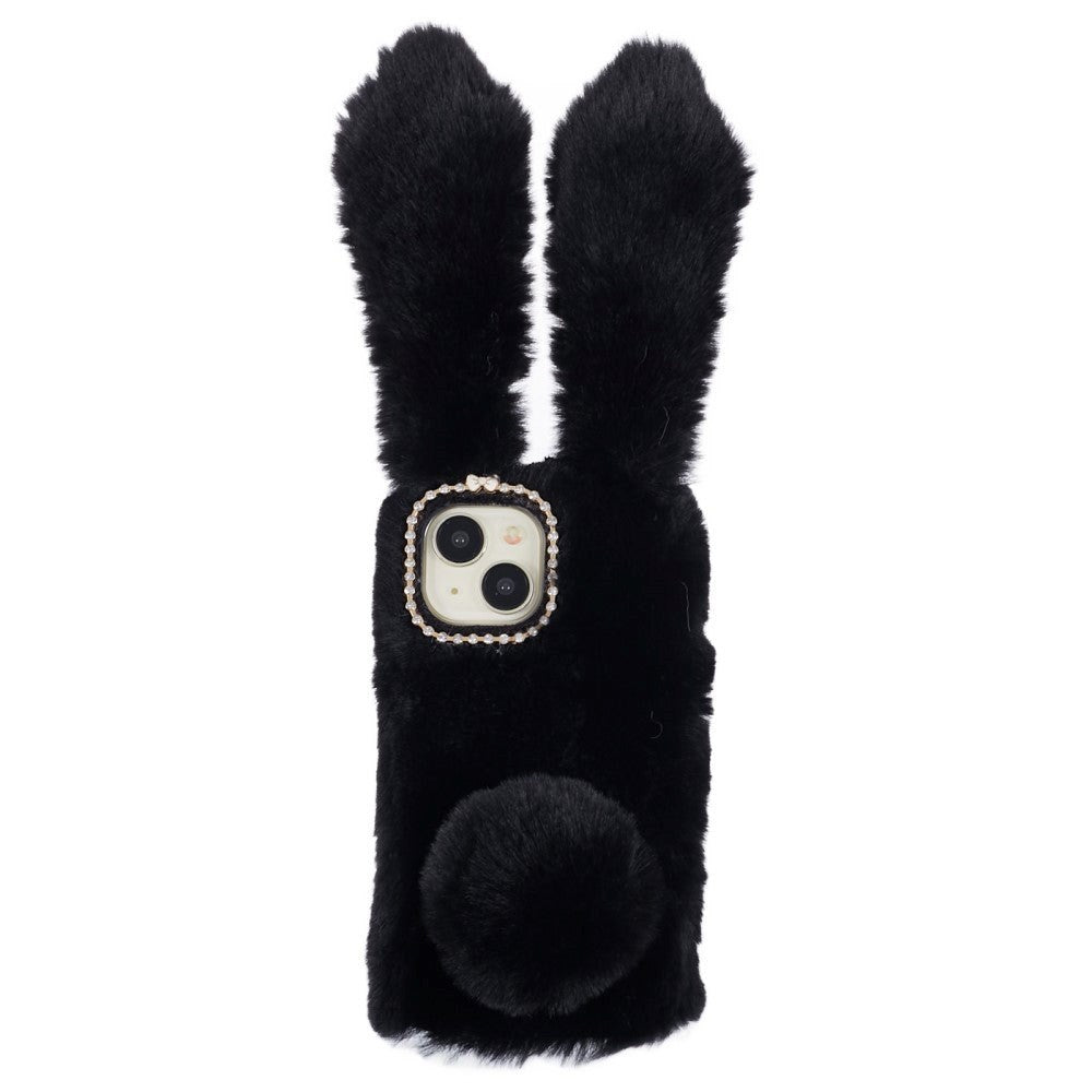 iPhone 15 Flexible Plastic Back Cover w. Fur - Bunny Ears - Black