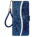 iPhone 15 Pro PU Leather Flip Case with Wallet & Strap - Glitter Design - Blue