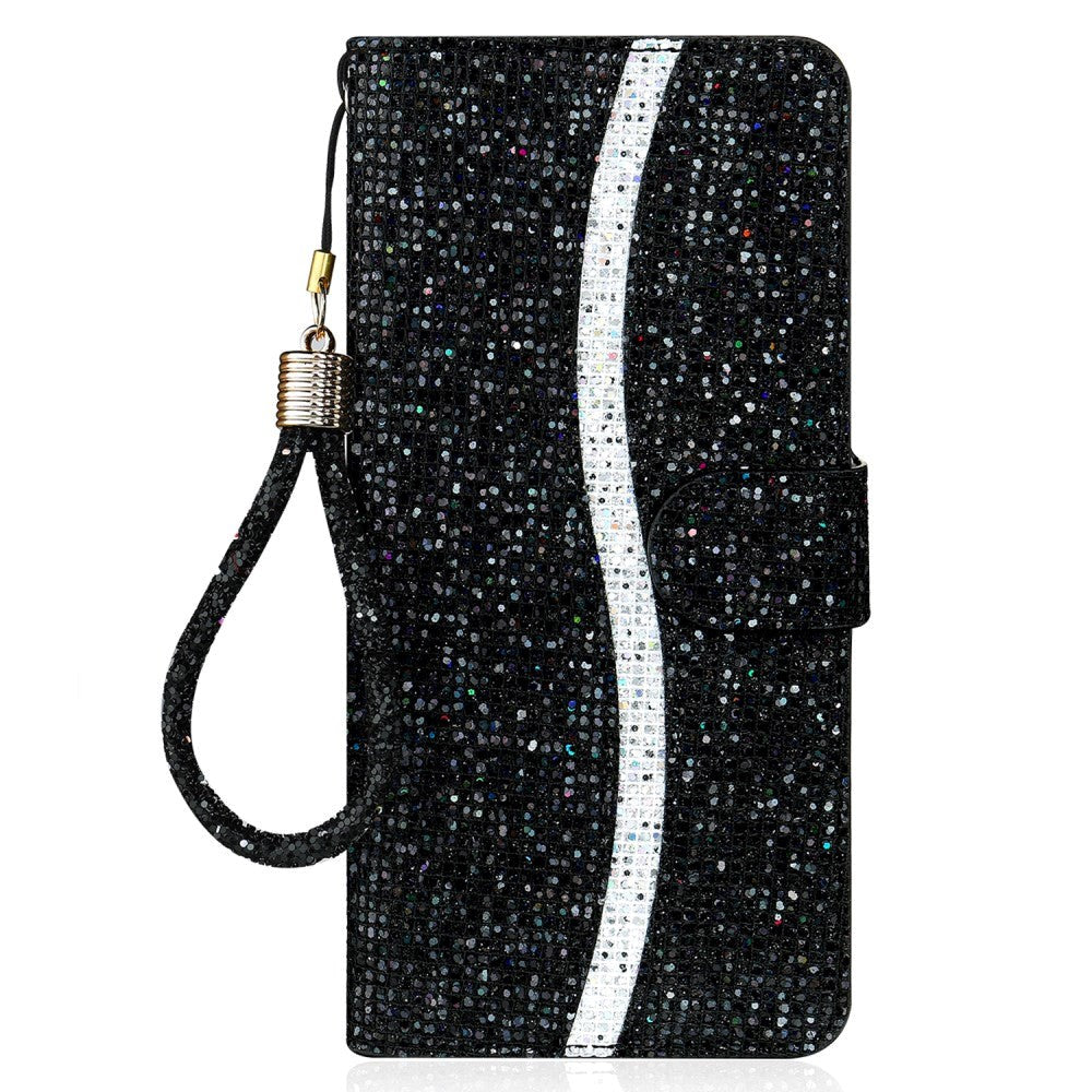 iPhone 15 Pro PU Leather Flip Case with Wallet & Strap - Glitter Design - Black