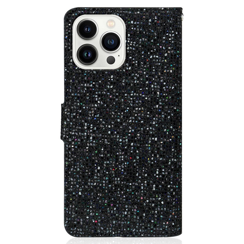 iPhone 15 Pro PU Leather Flip Case with Wallet & Strap - Glitter Design - Black