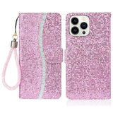 iPhone 15 Pro PU Leather Flip Case with Wallet & Strap - Glitter Design - Pink