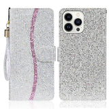 iPhone 15 Pro PU Leather Flip Case with Wallet & Strap - Glitter Design - Silver