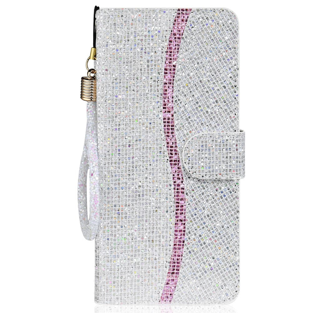 iPhone 15 Pro PU Leather Flip Case with Wallet & Strap - Glitter Design - Silver