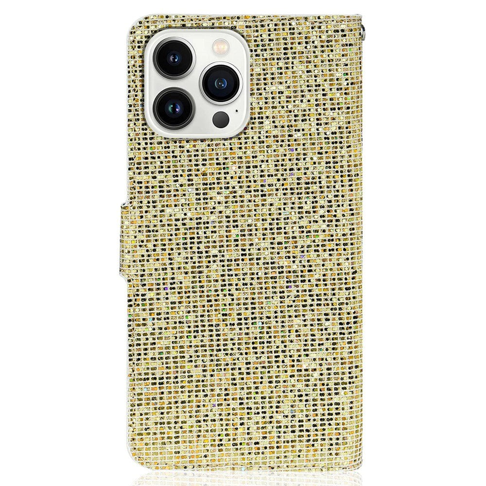 iPhone 15 Pro PU Leather Flip Case with Wallet & Strap - Glitter Design - Gold