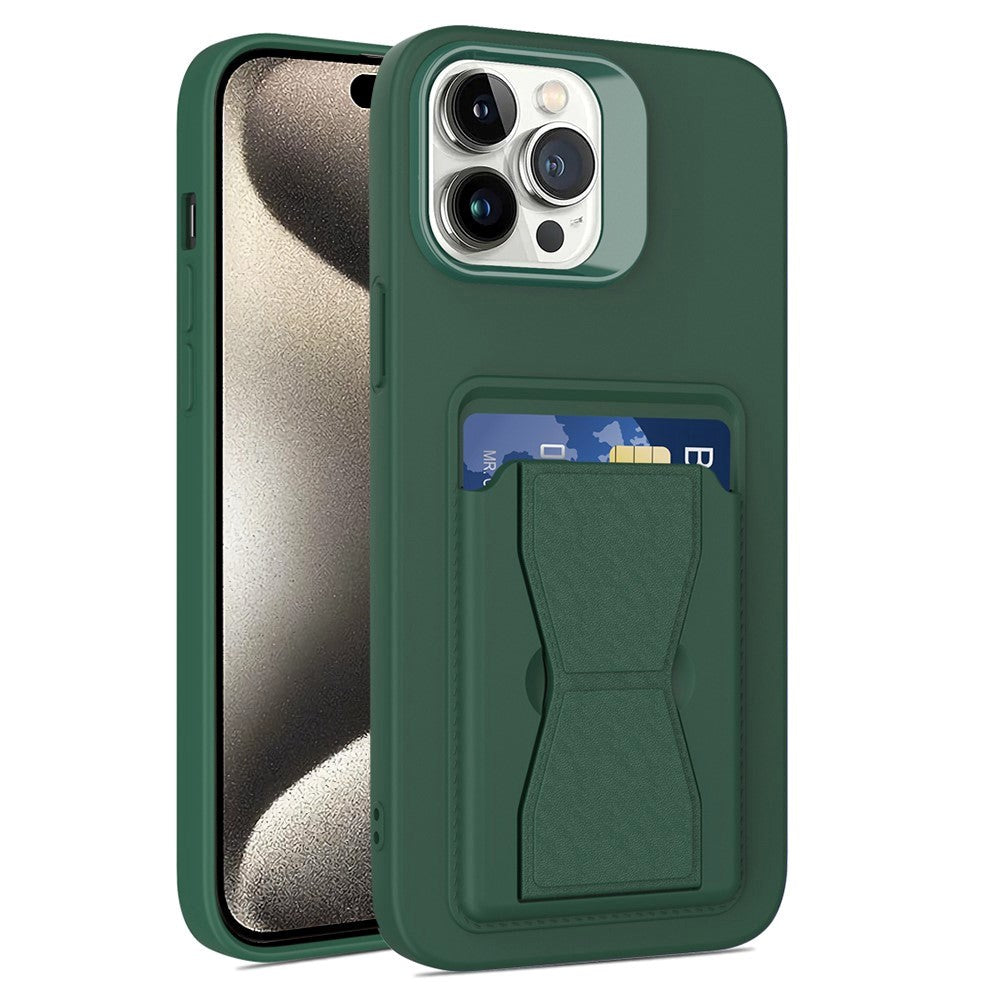 iPhone 15 Pro Flexible Plastic Case w. Card Holder & Kickstand - Green