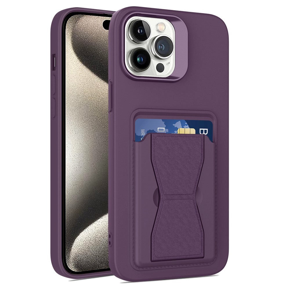 iPhone 15 Pro Max Flexible Plastic Case w. Card Holder & Kickstand - Dark Purple