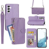 Samsung Galaxy A25 (5G) Leather Flip Case w. Zip Pocket & Strap - Purple