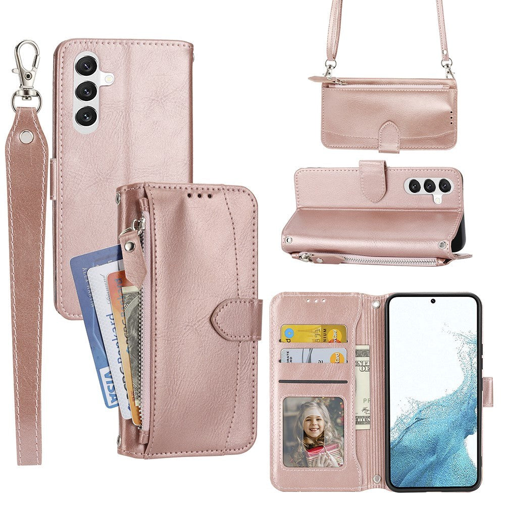 Samsung Galaxy A25 (5G) Leather Flip Case w. Zip Pocket & Strap - Rose Gold