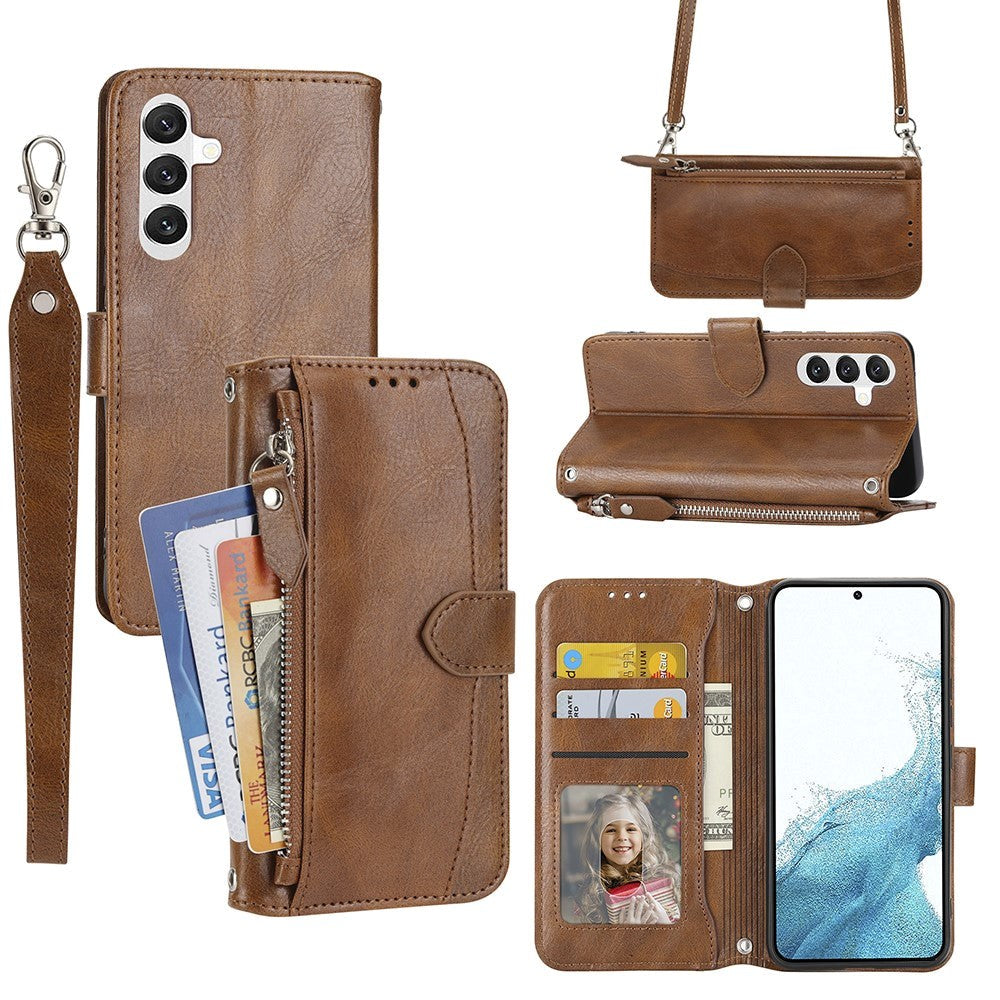 Samsung Galaxy A25 (5G) Leather Flip Case w. Zip Pocket & Strap - Brown