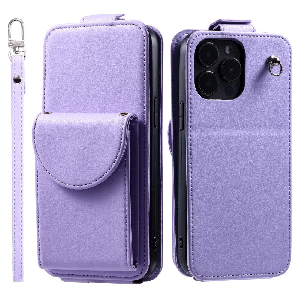 iPhone 15 Pro Vertical Faux Leather Flip Case with Wallet / Stand Function / Strap - Purple