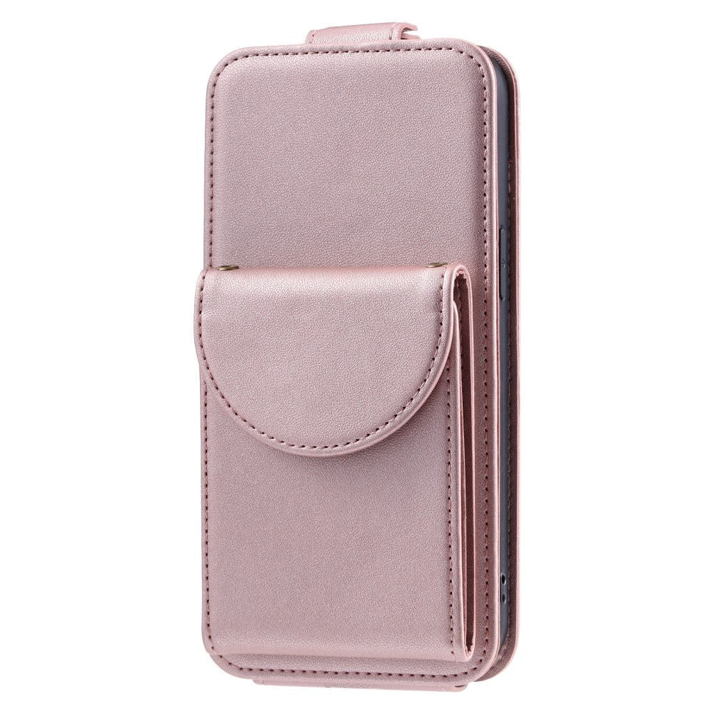 iPhone 15 Pro Vertical Faux Leather Flip Case with Wallet / Stand Function / Strap - Rose Gold