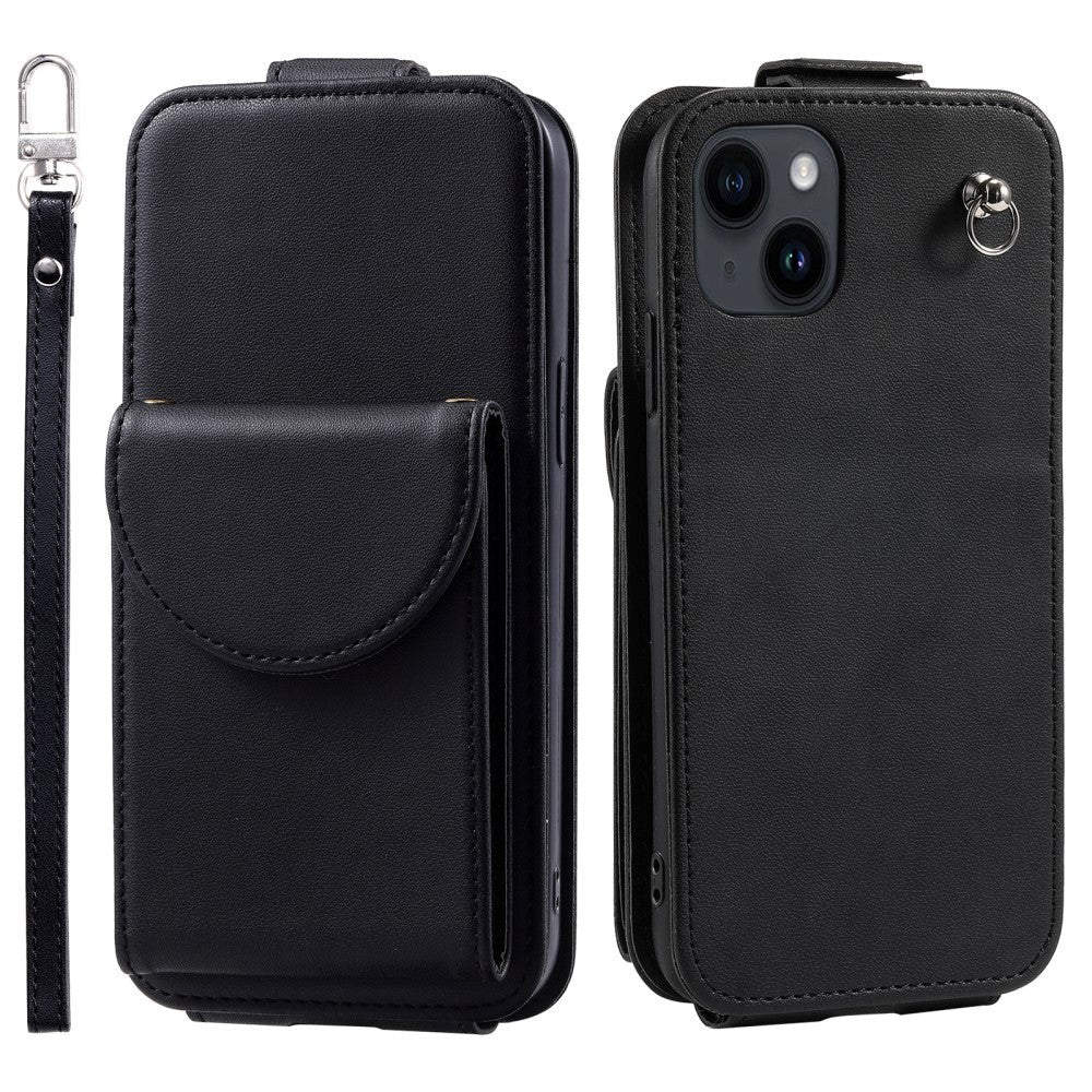 iPhone 15 Vertical Faux Leather Flip Case with Wallet / Stand Function / Strap - Black