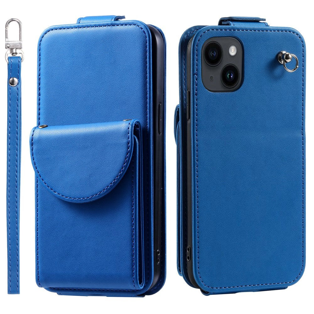 iPhone 15 Vertical Faux Leather Flip Case with Wallet / Stand Function / Strap - Blue