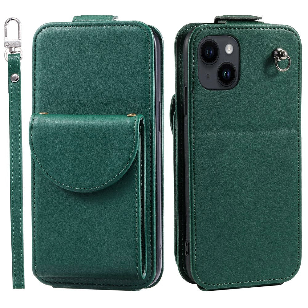 iPhone 15 Vertical Faux Leather Flip Case with Wallet / Stand Function / Strap - Green