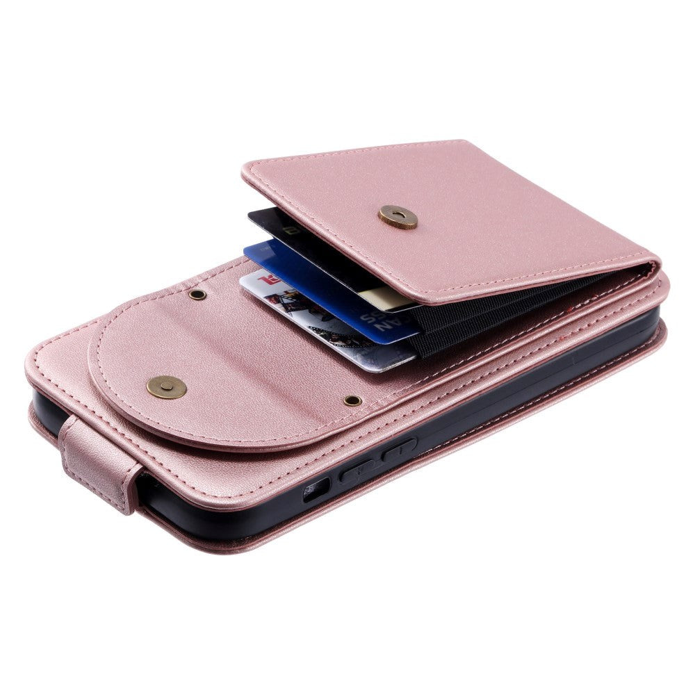 iPhone 15 Vertical Faux Leather Flip Case with Wallet / Stand Function / Strap - Rose Gold