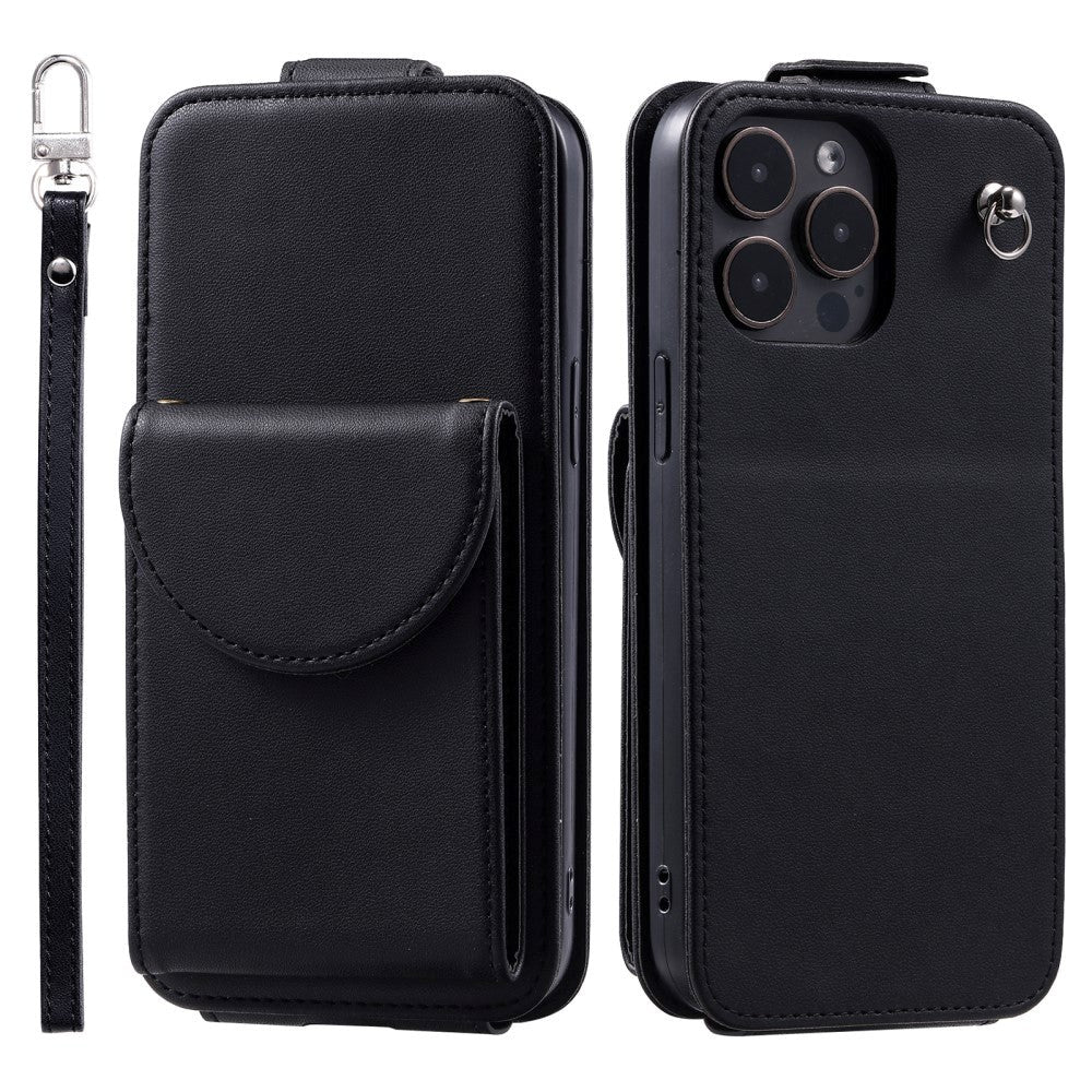 iPhone 15 Pro Max Vertical Faux Leather Flip Case with Wallet / Stand Function / Strap - Black