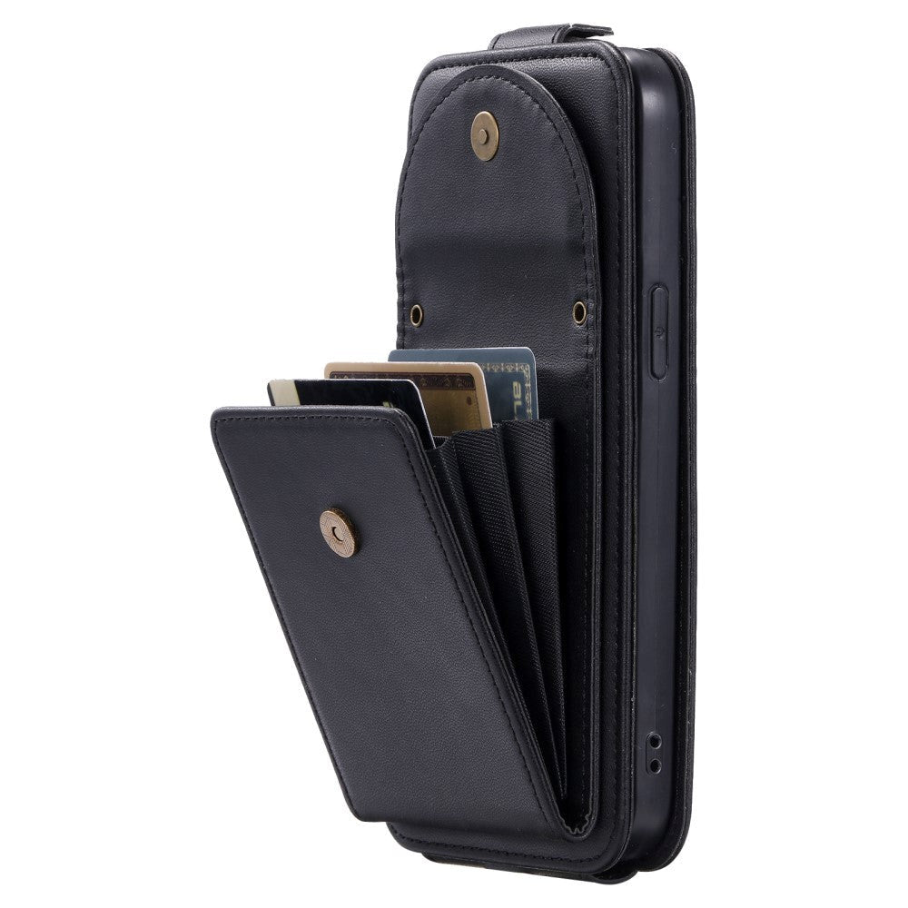 iPhone 15 Pro Max Vertical Faux Leather Flip Case with Wallet / Stand Function / Strap - Black