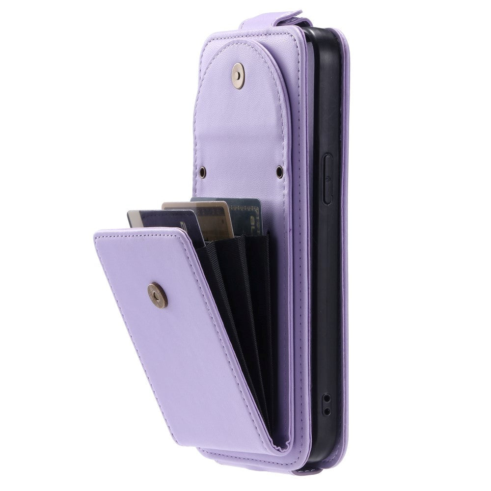 iPhone 15 Pro Max Vertical Faux Leather Flip Case with Wallet / Stand Function / Strap - Purple