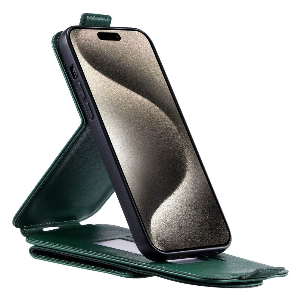 iPhone 15 Pro Max Vertical Faux Leather Flip Case with Wallet / Stand Function / Strap - Green