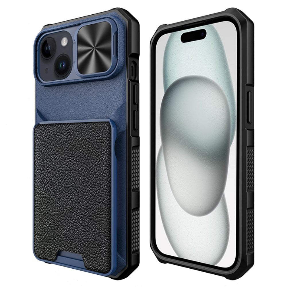 iPhone 15 Hybrid Tough Case w. Card Holder & Cam Slider - MagSafe Compatible - Blue / Black