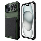 iPhone 15 Hybrid Tough Case w. Card Holder & Cam Slider - MagSafe Compatible - Green / Black