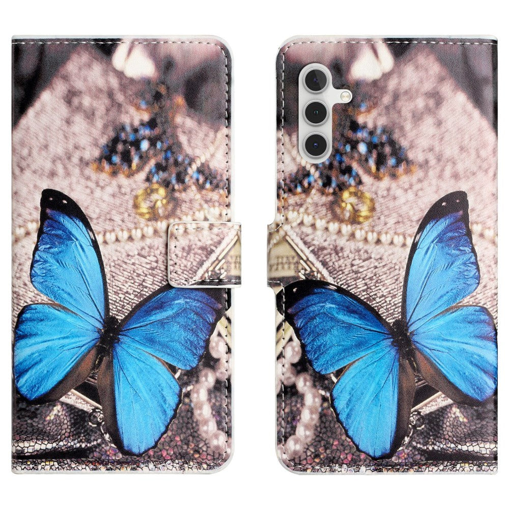 Samsung Galaxy S24 Leather Case w. Wallet & Stand Function - Blue Butterfly