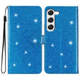 Samsung Galaxy S24+ (Plus) Leather Case with Wallet and Strap - Glitter - Blue