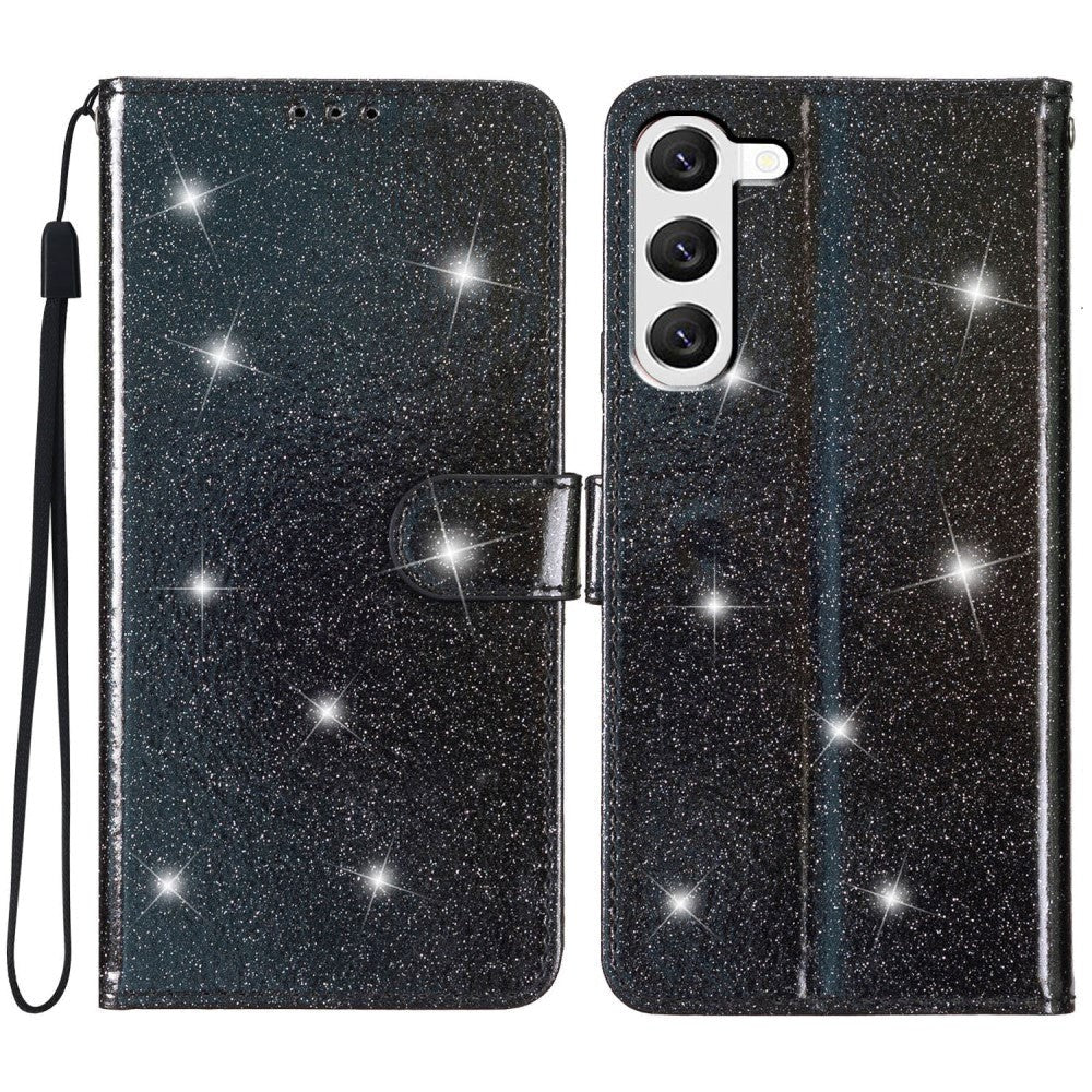 Samsung Galaxy S24+ (Plus) Leather Case with Wallet and Strap - Glitter - Black