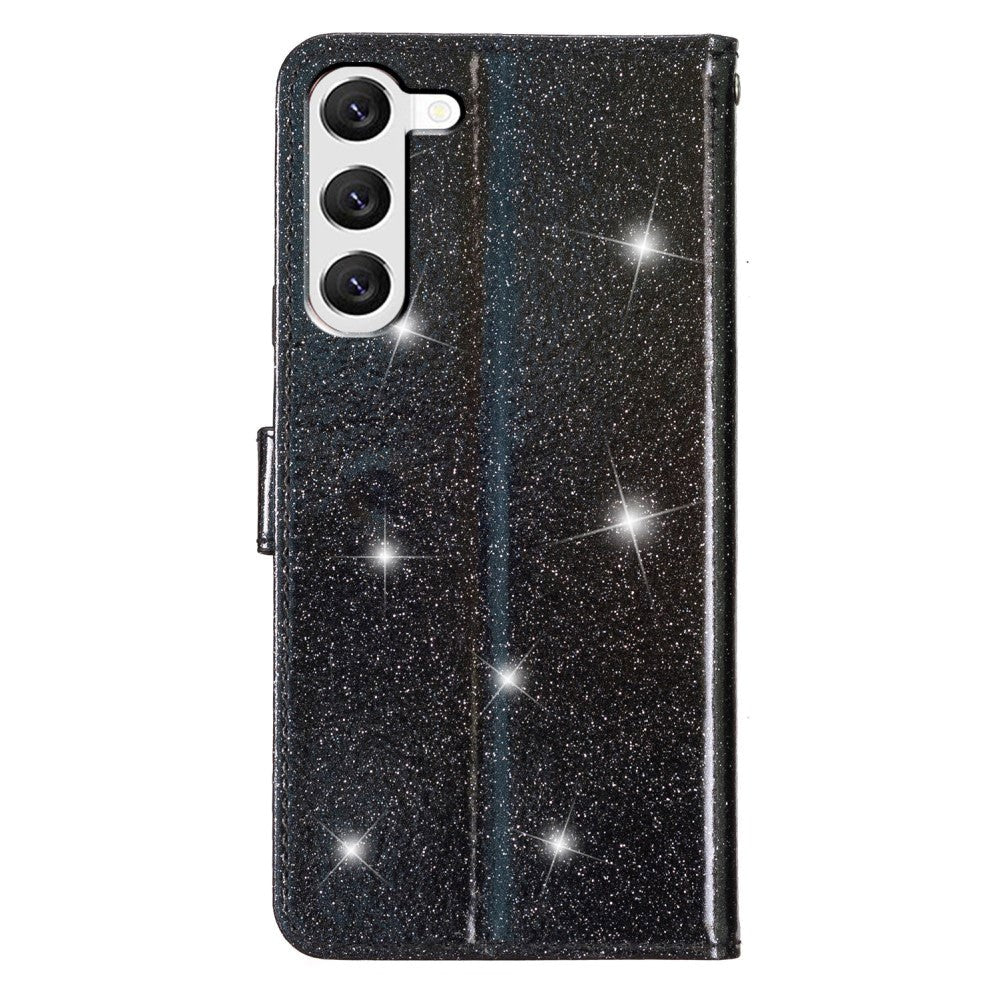 Samsung Galaxy S24+ (Plus) Leather Case with Wallet and Strap - Glitter - Black