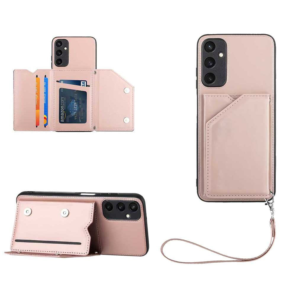 Samsung Galaxy A15 (5G) / A15 Leather Covered Plastic Case w. Wallet & Strap - Rose Gold