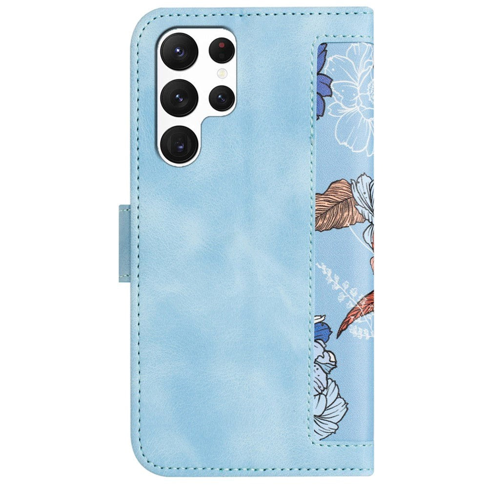 Samsung Galaxy S24 Ultra Leather Flip Case with Wallet and Strap - Light Blue with Flowers