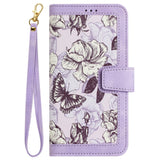 Samsung Galaxy S24 Ultra Leather Flip Case with Wallet and Strap - Purple with Flowers and Butterflies