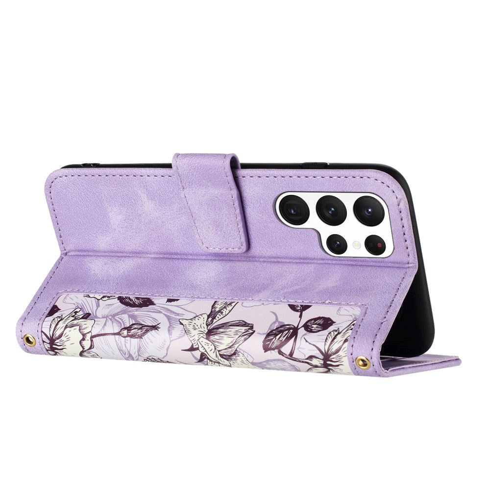 Samsung Galaxy S24 Ultra Leather Flip Case with Wallet and Strap - Purple with Flowers and Butterflies