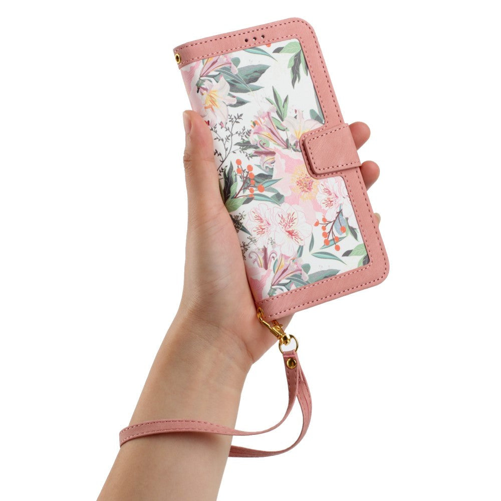 Samsung Galaxy S24 Ultra Leather Flip Case with Wallet and Strap - Pink with Flowers