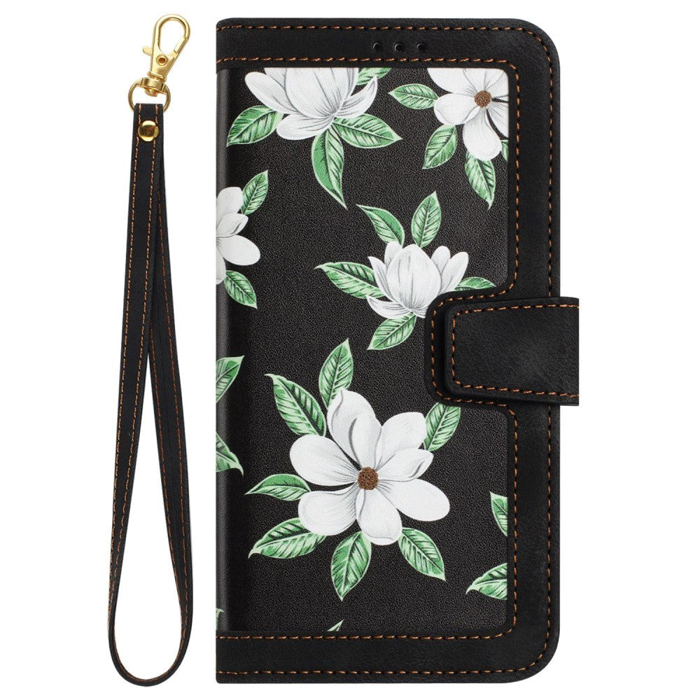 Samsung Galaxy S24 Ultra Leather Flip Case with Wallet and Strap - Black with Flowers