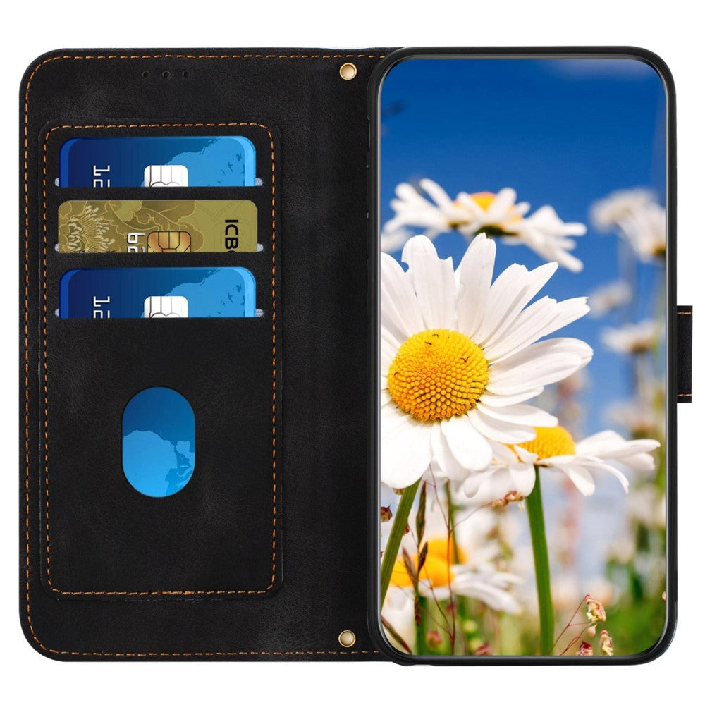 Samsung Galaxy S24 Ultra Leather Flip Case with Wallet and Strap - Black with Flowers