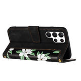 Samsung Galaxy S24 Ultra Leather Flip Case with Wallet and Strap - Black with Flowers