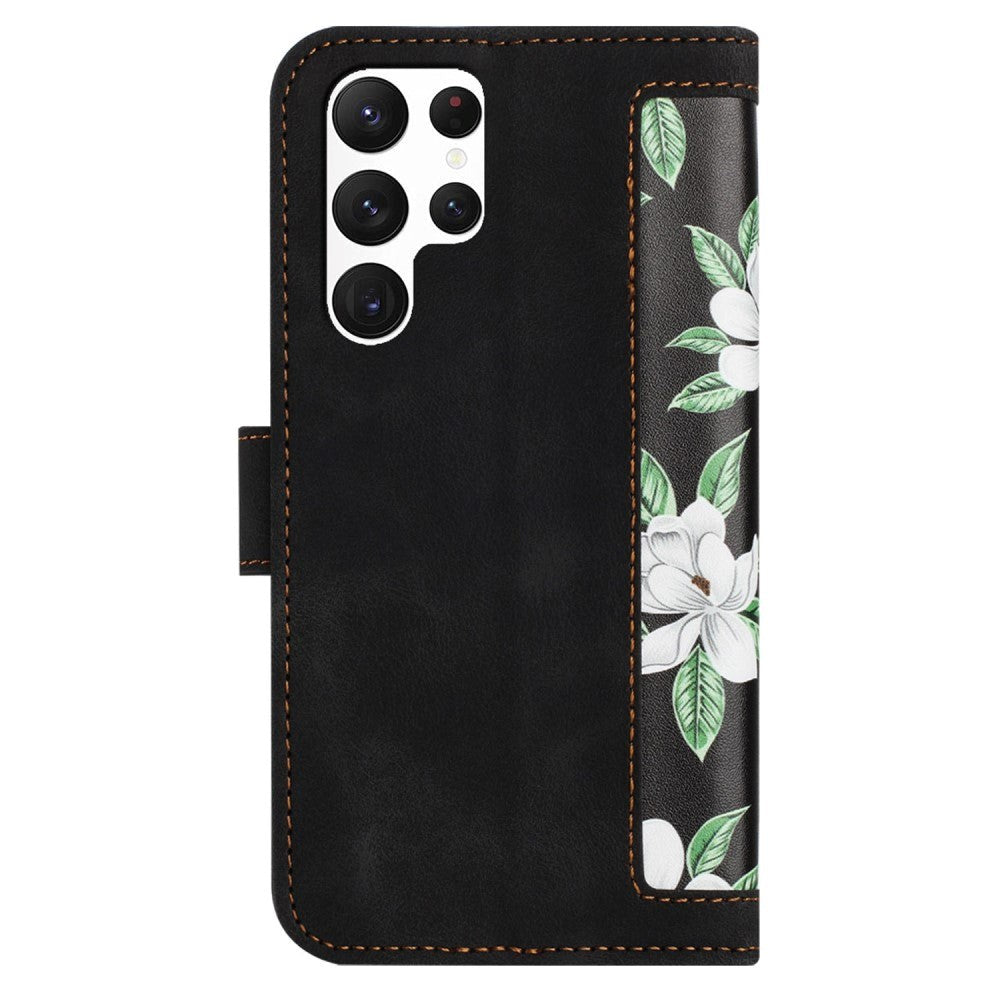 Samsung Galaxy S24 Ultra Leather Flip Case with Wallet and Strap - Black with Flowers