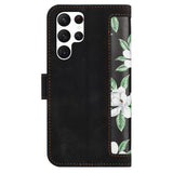 Samsung Galaxy S24 Ultra Leather Flip Case with Wallet and Strap - Black with Flowers