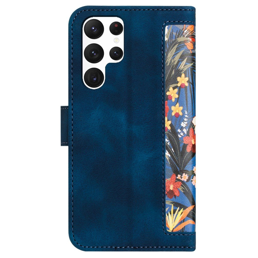 Samsung Galaxy S24 Ultra Leather Flip Case with Wallet and Strap - Dark Blue with Flowers