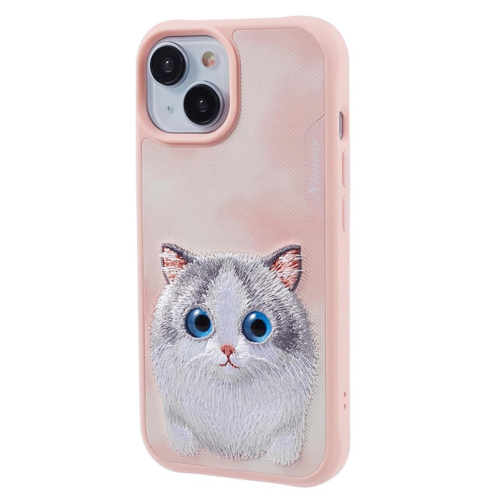 iPhone 15 Hybrid Case w. Animal Motif & Embroidery - Grey Cat