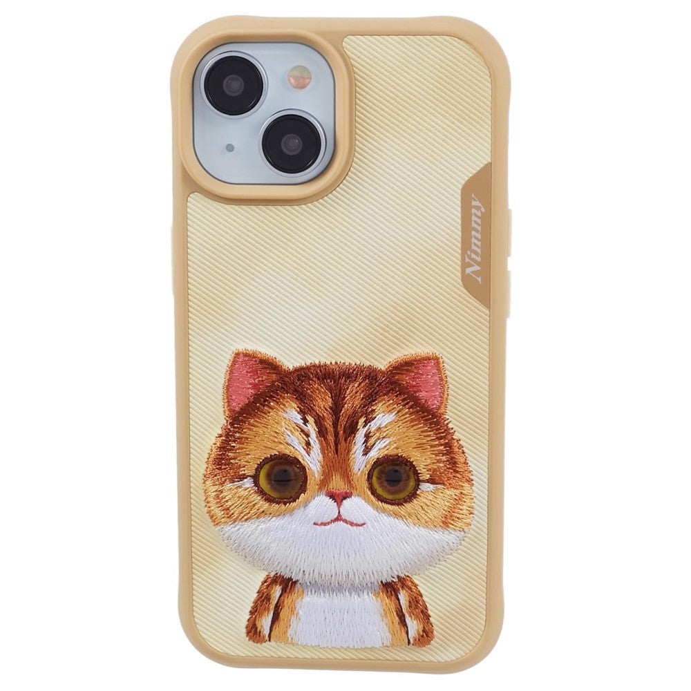 iPhone 15 Hybrid Case w. Animal Motif & Embroidery - Orange Cat